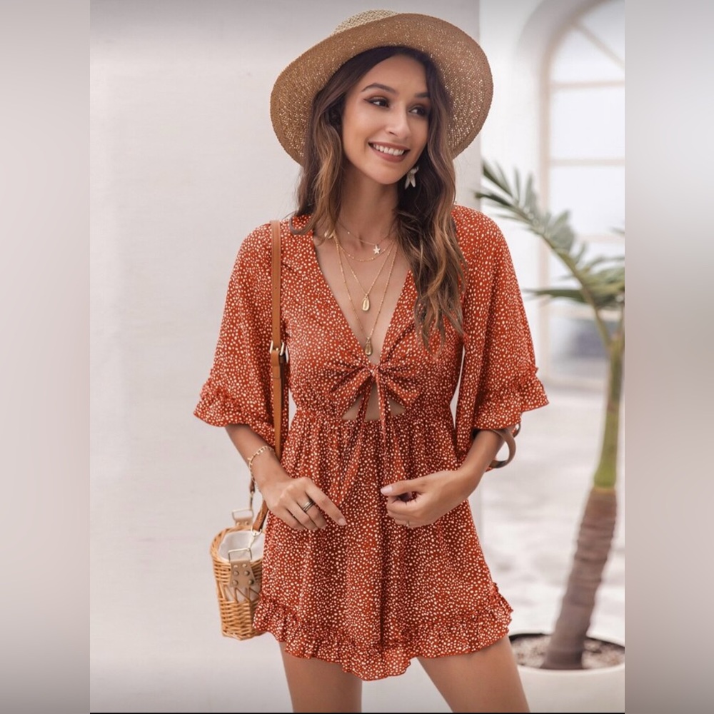 Rust Polka Dot Romper with Tie Front